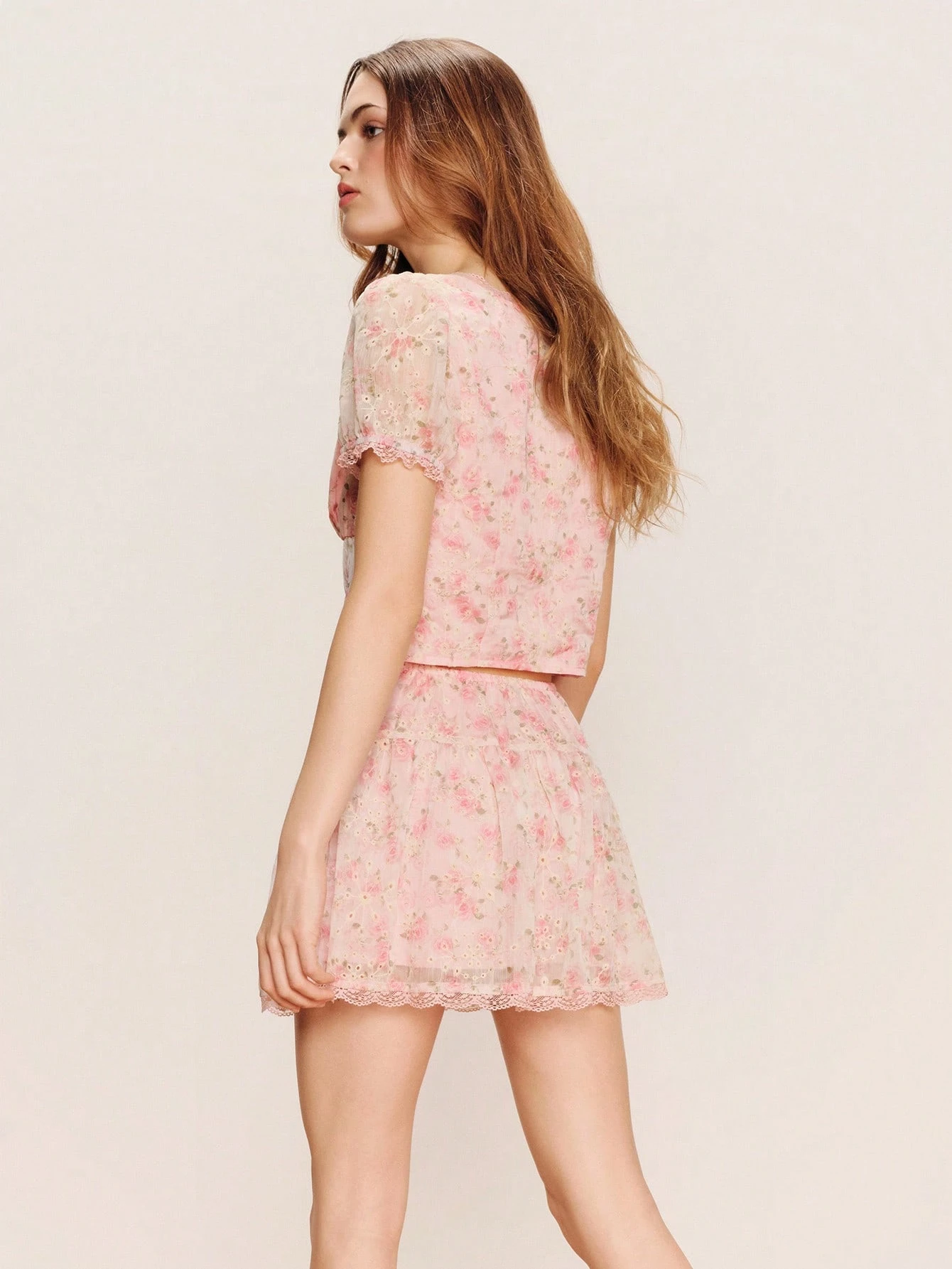 Romantic Pink Eyelet-Embroidered Set With Puff-Sleeve Top And Matching Skirt Cute Two Pieces Floral Set Pink Floral Top And Shorts Set Spring Summer French Style Parisian Style