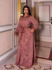 Maweii Plus Size Women Mesh Patchwork Twist Waist Elegant Party Dress - Redwood - View 5