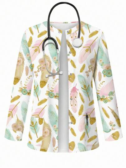 PopScrub Chaqueta de scrub con estampado de plumas y rosas con textura brillante, cardigan de moda con diseño de pendientes colgantes para mujeres, uniforme de enfermera, chaqueta de uniforme de scrub, blusa con estampado de plumas blancas
