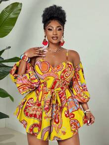 Maweii Plus Size Digital Print Elegant Off-Shoulder Backless Jumpsuit - Yellow - View 3