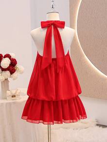 Summer Dress  Teen Girl Solid Color Ruffle Hem Halter Neck Dress Summer Outfits  Squishy Dress - Red - View 3