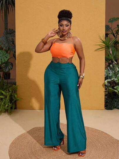 Maweii Plus Size Women Orange & Green Contrast Color Camisole Crop Top + Hollow Metal Ring High Waist Wide Leg Jumpsuit