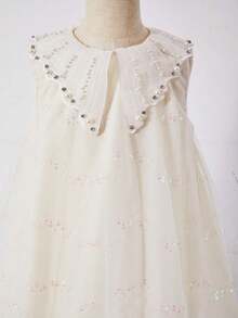Đầm không tay đính sequin và cổ ngọc trai cho bé gái, thích hợp mặc hàng ngày, dự tiệc, sinh nhật. - Màu be - Xem 3
