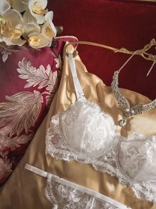 PinupPomp White Sexy Embroidered Semi-Sheer Lingerie Set For Women - White - View 3