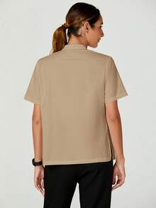 TaskEZ White Short Sleeve Chef Coat Jackets For Women Front Button Short Sleeve Pocket Minimalist - Khaki - View 2