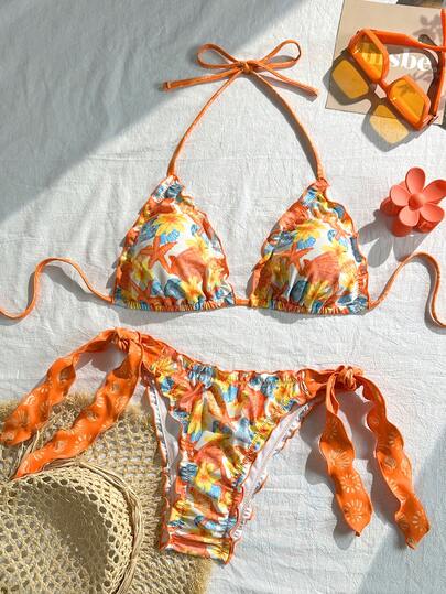 Swim Vcay Conjunto de traje de baño de mujer con estampados de flores, estrellas de mar y conchas, con cuello de halter y espalda descubierta con lazos, para vacaciones de verano en la playa, 2 piezas