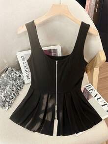 GlowEve Women's Fashion Textured Crew Neck Metal Zipper Elegant Romantic Casual Daily Commute Dinner Tank Top, Spring/Summer - Black - View 4