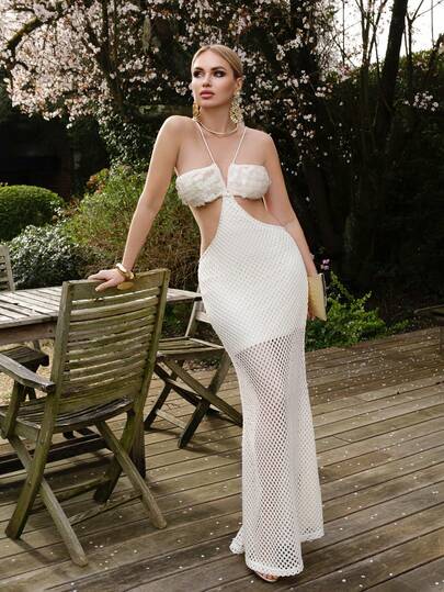 Elenary Edit 1件女式纯色针织亮片刺绣连衣裙