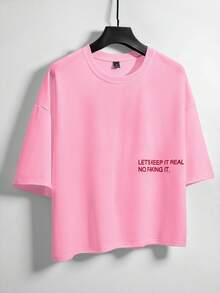 Manfinity Hypemode Street Casual Red Slogan 3D Embroidery White Loose T-Shirt - Pink - View 4