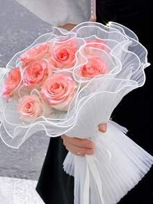 SHEIN 1 条 28*200 厘米/28*400 厘米皱纹欧根纱丝带，用于礼品包装和插花，适合生日、派对、婚礼、家居装饰，（无仿珍珠边）返校情人节 - 白色 - 查看 2