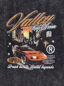 Modcrash Hemo 男士街头赛车图案T恤，略带弹力做旧效果棉混纺黑色圆领短袖T恤，休闲日常穿着 - 黑色 - 查看 4