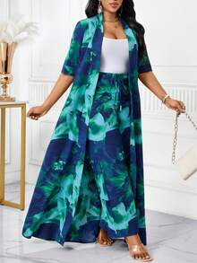 SHEIN Lady Plus Size Women Floral Print Short Sleeve Long Kimono And Wide Leg Pants 2 Pieces Set - Multicolor - View 5