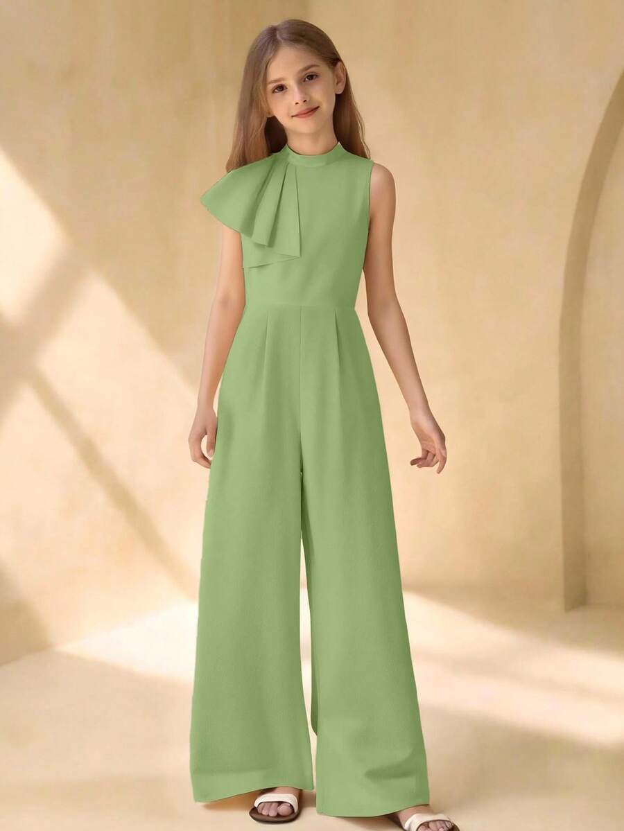 SHEIN Bộ áo liền quần dáng suông, cổ đứng, không tay, khóa kéo, phối màu, dành cho bé gái, thích hợp mặc đi làm, dạo chơi hoặc dự tiệc, chất liệu chiffon, mùa xuân/hè. - màu xanh lá - Xem 1