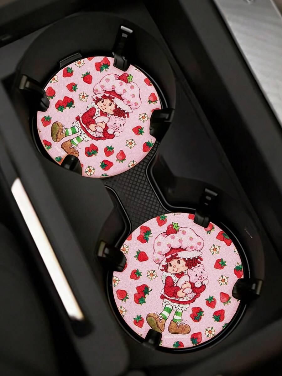 Strawberry Shortcake X SHEIN 2件組 PU皮革汽車杯架墊,防震通用款,時尚可愛甜美鄉村風草莓杯墊,適用於汽車杯架、車內及居家辦公室 - A - 查看 1