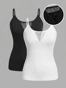 SHEIN EZwear 大码纯色吊带极简设计网眼拼接夏季百搭吊带衫 - 黑與白 - 查看 1