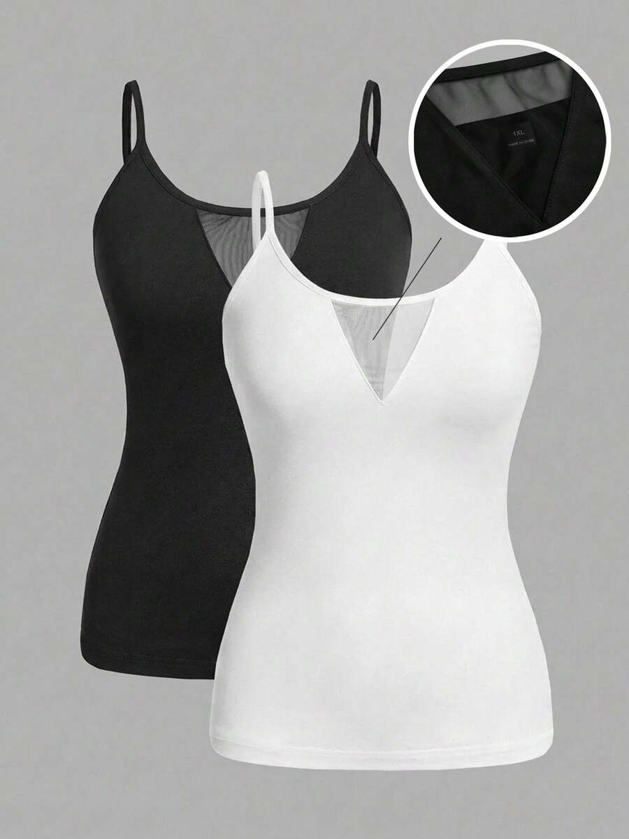 SHEIN EZwear 大码纯色吊带极简设计网眼拼接夏季百搭吊带衫 - 黑與白 - 查看 1