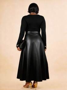 CurvyTilda 大码休闲纯色A字裙，秋季 - 黑色 - 查看 2