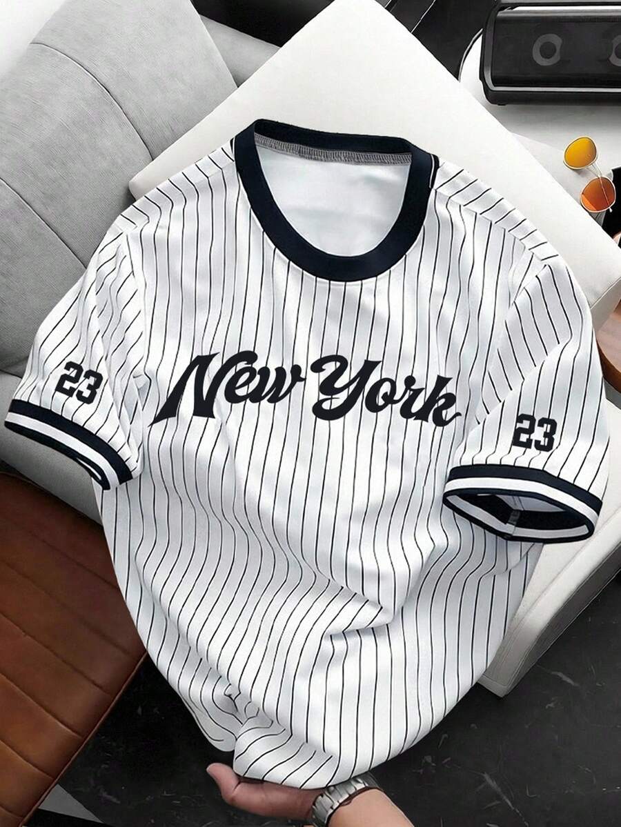 Chillumni 撞色滚边圆领短袖条纹休闲夏季百搭印花T恤 - 彩色 - 查看 1