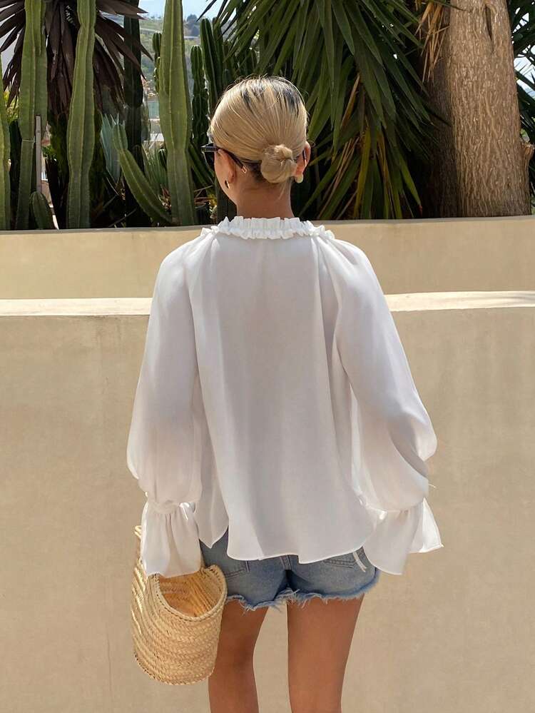 Solid Color Chiffon Pleated Ruffle Hem Loose Pullover Casual Summer Blouse For Women