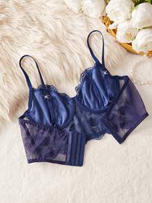 SHEIN 2件套女士白色浪漫长款文胸内衣套装 - 藏蓝色 - 查看 6