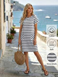EMERY ROSE Vestido casual de mujer con cuello redondo, mangas cortas, bolsillo y estampado de rayas - Multicolor - Ver 5