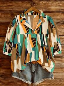 Voyazaga Women's Plus Size Shirt Brown,Autumn,Boho,Vacation,Holiday Retro Random Print Puff Sleeves Stand-Up Collar Front Pleats Ruffled Hem Casual Top Gym - Multicolor - View 6