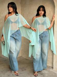 大码女式时尚优雅黑色半透明雪纺不对称下摆不对称肩部上衣，春夏款 - 薄荷藍 - 查看 1