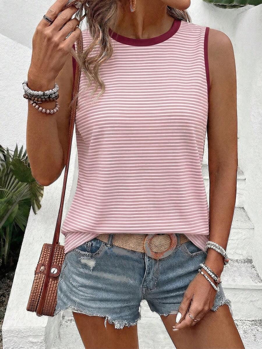 EMERY ROSE Women's Spring/Summer New Casual Round Neck Sleeveless Contrast Collar & Cuff Striped Print Pattern Tank Top - Multicolor - View 1