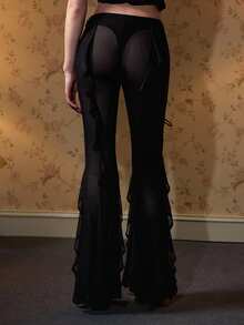 ROMWE 甜辣音乐节穿搭，荷叶边系带设计透视开衩修身喇叭裤 - 黑色 - 查看 8