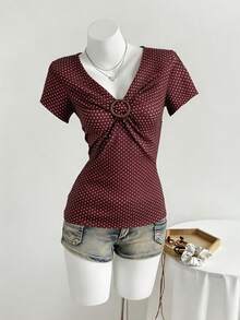 Áo thun ngắn tay họa tiết chấm bi hình tròn dành cho thiếu nữ - màu nâu - Xem 5