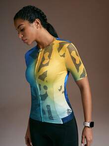 Powerista 女士渐变印花前拉链短袖骑行服 - 藍色 - 查看 4