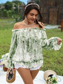 SHEIN LUNE 大码女式露肩碎花系带灯笼袖浪漫优雅长袖衬衫，适合派对、度假、户外活动 - 橄欖綠 - 查看 5