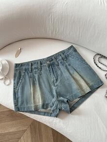 Elamini 女士休闲水洗牛仔短裤，斜插口袋，夏季 - 淺色水洗藍 - 查看 3