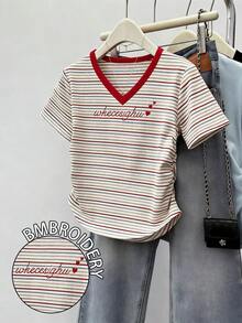 Resyla Women's T-Shirt / Women's V-Neck Slim Fit T-Shirt / Colorful Stripes / Embroidery / Daily Casual / Summer - Multicolor - View 1