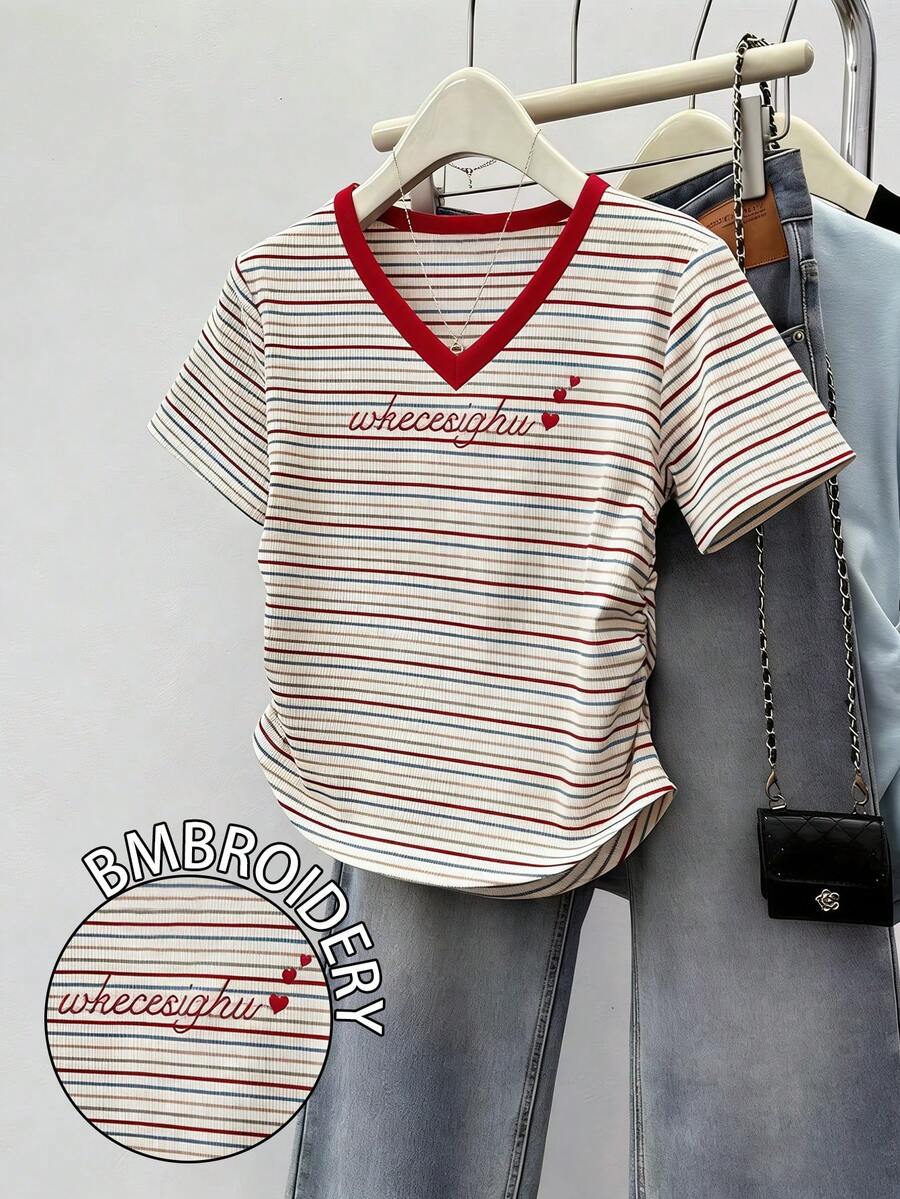 Resyla Women's T-Shirt / Women's V-Neck Slim Fit T-Shirt / Colorful Stripes / Embroidery / Daily Casual / Summer - Multicolor - View 1