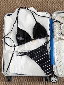 Swim SXY Bộ bikini 3 mảnh gợi cảm màu đen trắng chấm bi với phụ kiện kim loại, kiểu cổ yếm và hở lưng, thích hợp cho kỳ nghỉ hè. - Đen và trắng - Xem 8