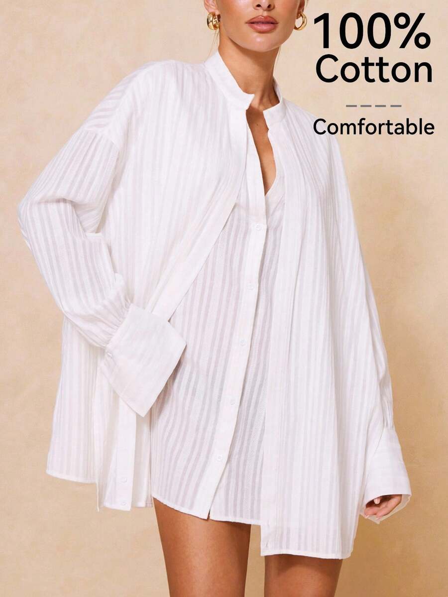 Lumalex Áo kiểu nữ tay dài dáng rộng, thắt eo chéo, chất liệu 100% cotton. - trắng - Xem 1