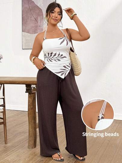 Lounesse Plus Size Women's Asymmetrical Hem Fashionable Halter Neck Brown Pants, Plus Size Casual Commute 2 Pieces Set Brown Two Piece Set Women Wide Leg Pants Set Pants Two Piece Set Women Vacation Outfit Sets Pant Suit Summer Sets Spring/Summer Sets For Women