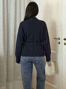 Ronhire Drop Shoulder Belted Cardigan,Long Sleeve Tops Business Casual Woman Work Clothes - Navy Blue - View 2