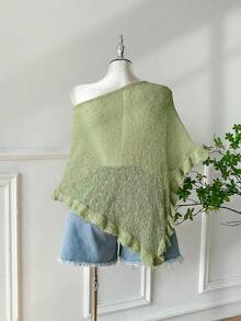 SHEIN EZwear 大码女式橄榄绿钩针编织披肩，荷叶边下摆，休闲半透明，适合外出和约会 - 橄欖綠 - 查看 2