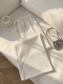 Elamini 女士休闲宽松抽绳腰长直筒裤，杏色，轻薄褶皱面料，适合旅行和户外活动穿着 - 杏色 - 查看 4