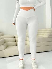 Solflare Quần legging trắng bó sát dành cho nữ cỡ lớn, cạp lệch. - trắng - Xem 3