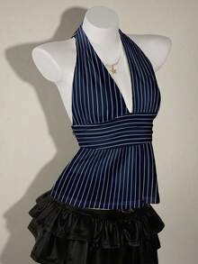 Top sin espalda de halter estilo boho marrón para salir, tipo babydoll, para primavera a verano - lunares azules - Ver 3
