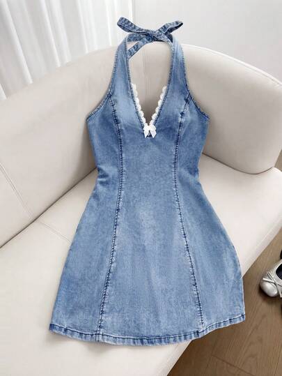 GlowEve Women's Summer Sexy Fashion Resort Style Contrast Lace Bow Decor Backless Tie Neck Denim Dress