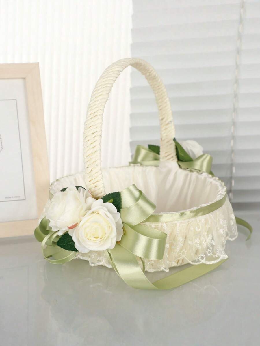 婚礼花童白色手持花篮，缎带蝴蝶结仙女花篮，大型婚礼花篮，适合花童 - 1PC - 查看 1