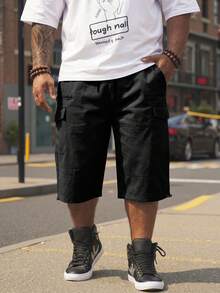 ResortEase 大码男士休闲时尚街头风日常通勤纯色翻盖口袋工装短裤，夏季男士休闲短裤街头风男士短裤男士抽绳短裤 - 黑色 - 查看 2