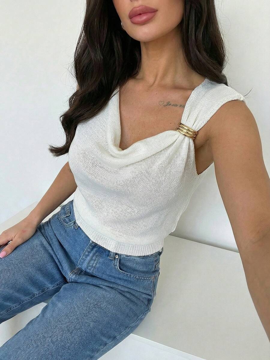 Firerie Casual Solid Color Asymmetric Collar Knit Vest, Summer