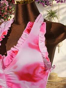 SaltGleam Pink Tie Dye Sexy Backless Halter Bodysuit For Beach Vacation - Pink - View 5