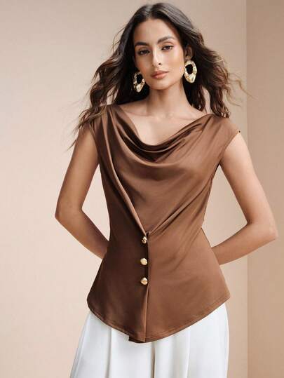 Arave Women's Elastic Knit Fitted Top With Ruched Collar, Cinched Waist, Metal Buckle, Asymmetric Hem Design, Suitable For Daily Commute