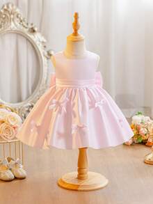 Glamorique Kids 女嬰緞面無袖連身裙，背後蝴蝶結，裝飾下擺，優雅可愛花童裙，適合婚禮、生日、派對，淺粉色，秋冬款 - 粉色 - 查看 5